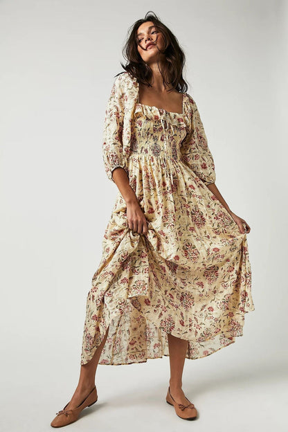 Robe Midi À Imprimé Floral Avec Corsage Smocké Et Manches Longues Pour Femmes | Adaptée Aux Tenues Décontractées