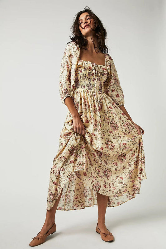 Robe Midi À Imprimé Floral Avec Corsage Smocké Et Manches Longues Pour Femmes | Adaptée Aux Tenues Décontractées