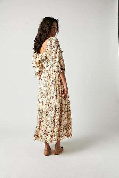 Robe Midi À Imprimé Floral Avec Corsage Smocké Et Manches Longues Pour Femmes | Adaptée Aux Tenues Décontractées