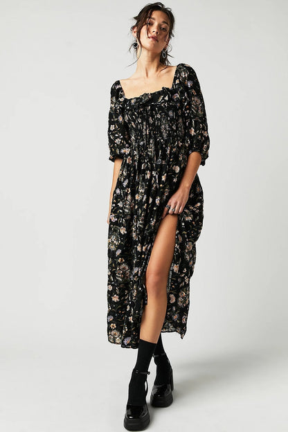 Robe Midi À Imprimé Floral Avec Corsage Smocké Et Manches Longues Pour Femmes | Adaptée Aux Tenues Décontractées