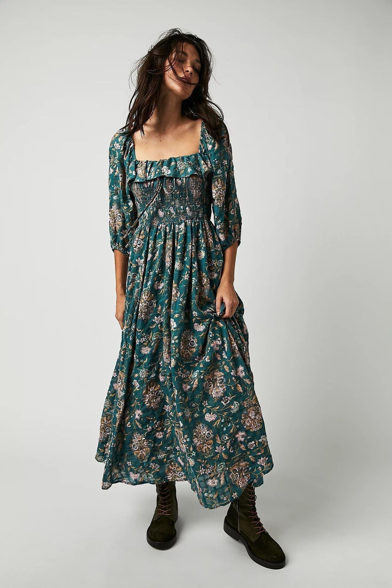 Robe Midi À Imprimé Floral Avec Corsage Smocké Et Manches Longues Pour Femmes | Adaptée Aux Tenues Décontractées