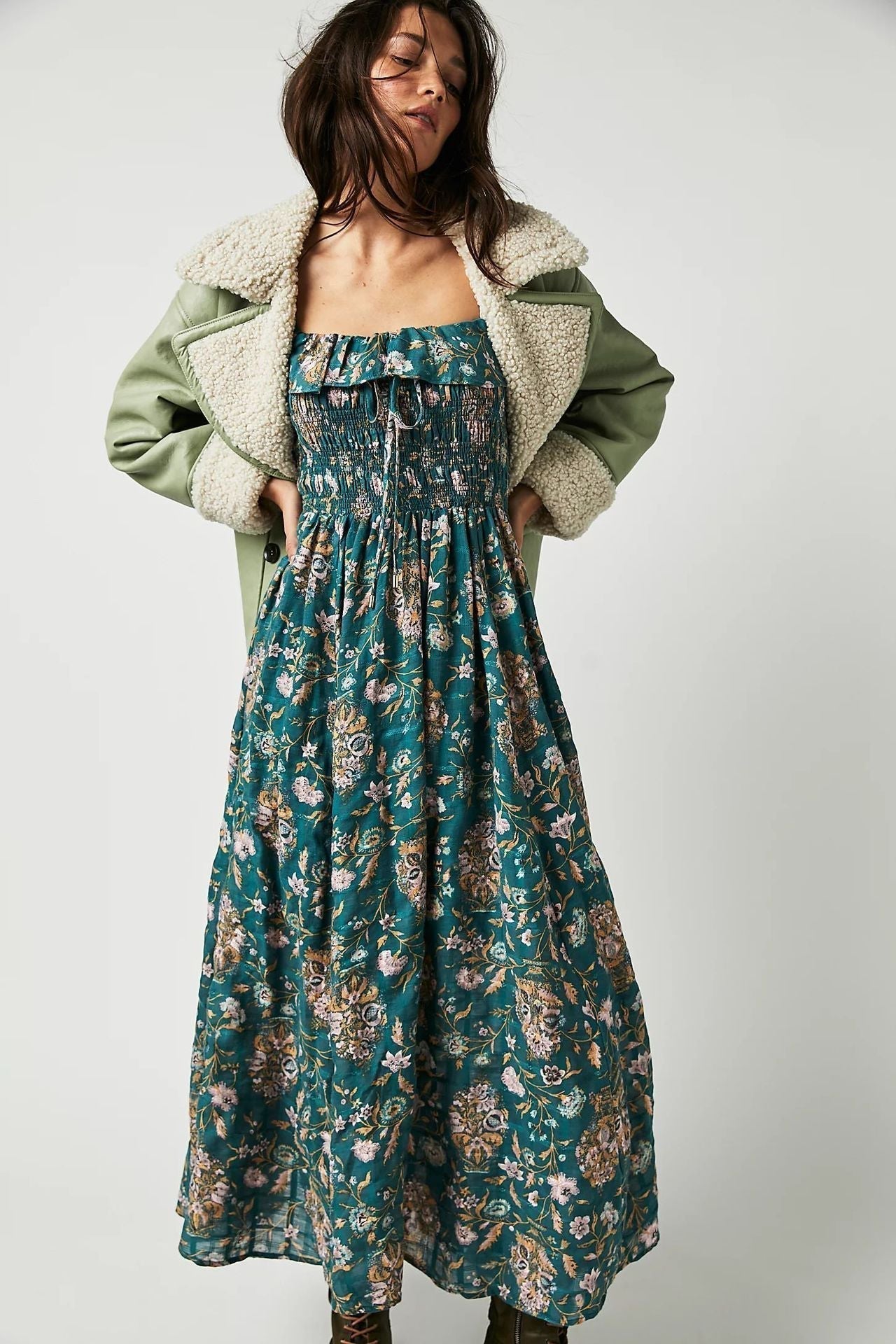 Robe Midi À Imprimé Floral Avec Corsage Smocké Et Manches Longues Pour Femmes | Adaptée Aux Tenues Décontractées
