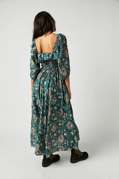 Robe Midi À Imprimé Floral Avec Corsage Smocké Et Manches Longues Pour Femmes | Adaptée Aux Tenues Décontractées