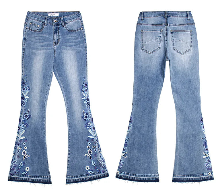 Jean Évasé à Taille Haute avec Broderie Florale pour Femme | Idéal pour un Usage Quotidien