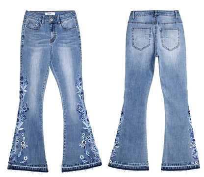 Jean Évasé à Taille Haute avec Broderie Florale pour Femme | Idéal pour un Usage Quotidien