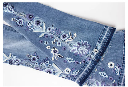Jean Évasé à Taille Haute avec Broderie Florale pour Femme | Idéal pour un Usage Quotidien