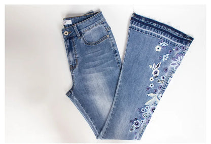 Jean Évasé à Taille Haute avec Broderie Florale pour Femme | Idéal pour un Usage Quotidien