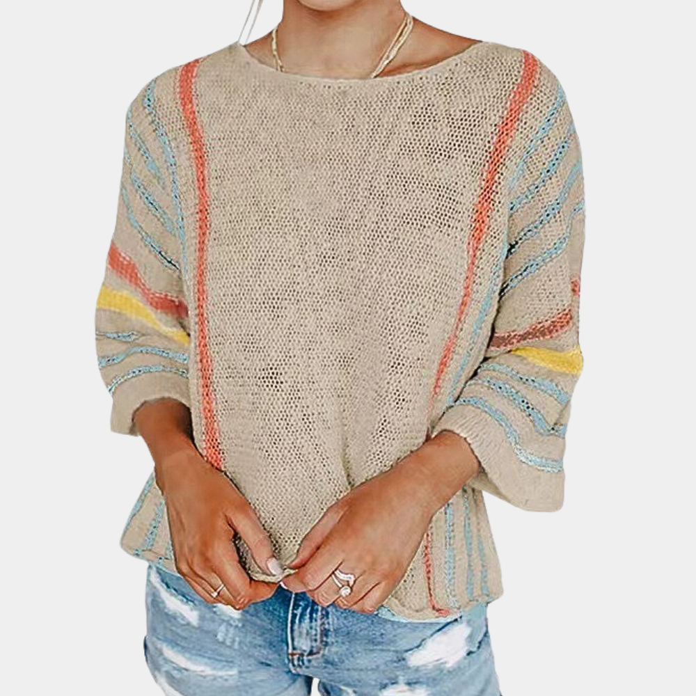 Pull Ample À Rayures Colorées Avec Manches Trois-Quarts Pour Femme | Idéal Pour La Superposition