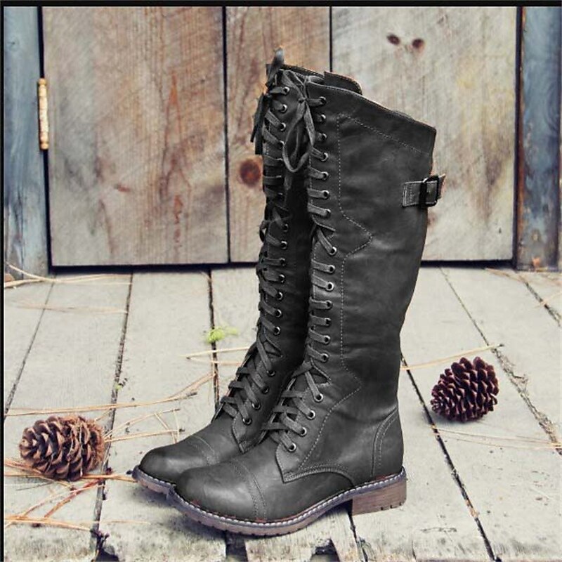Bottes cavalières à lacets avec talon bloc bas pour femmes | Idéal pour l'automne