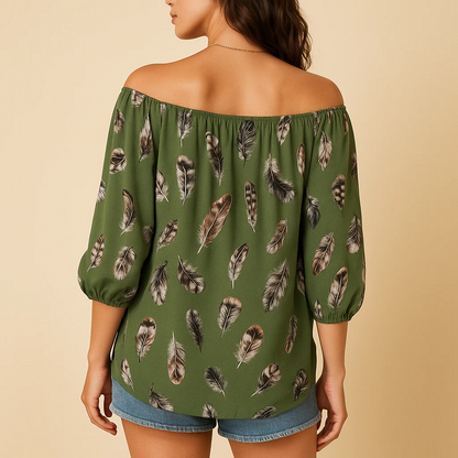 Blouse à Imprimé Plume avec Col en V pour Femme | Idéale pour l'Été