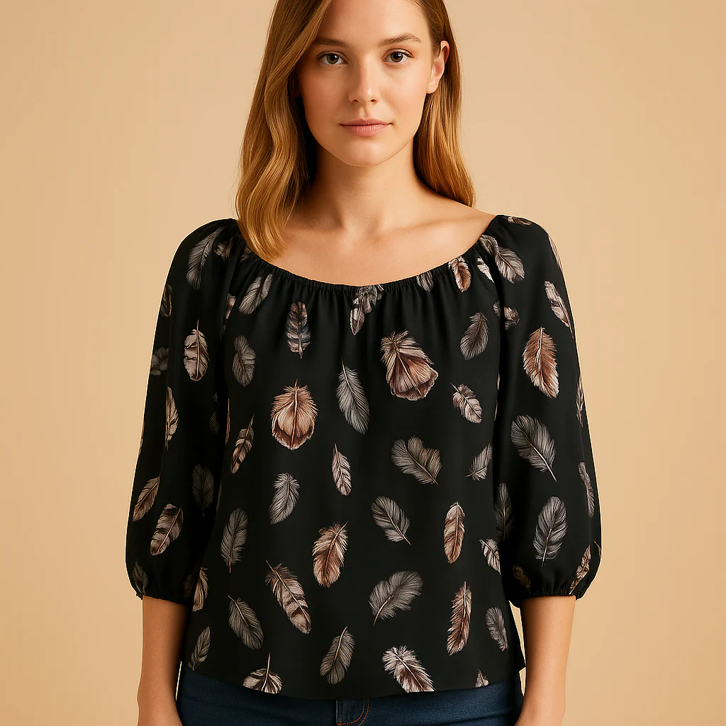 Blouse à Imprimé Plume avec Col en V pour Femme | Idéale pour l'Été