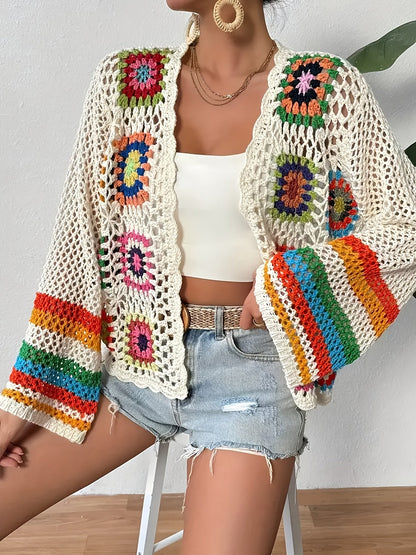 Cardigan crochet ajouré avec carrés floraux pour femme | Idéal pour l'été