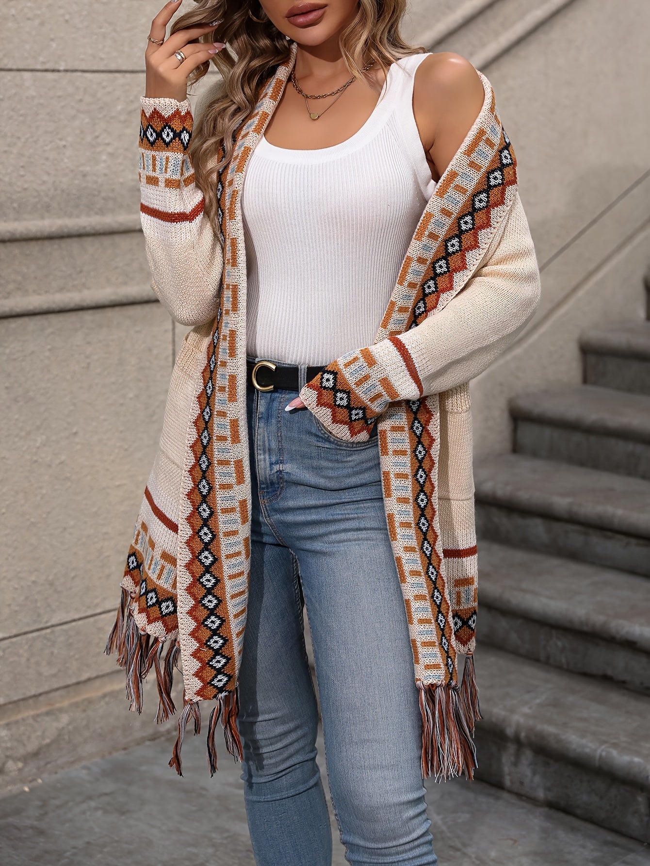 Cardigan long à motif géométrique et franges pour femme | Idéal pour l’automne et les occasions décontractées