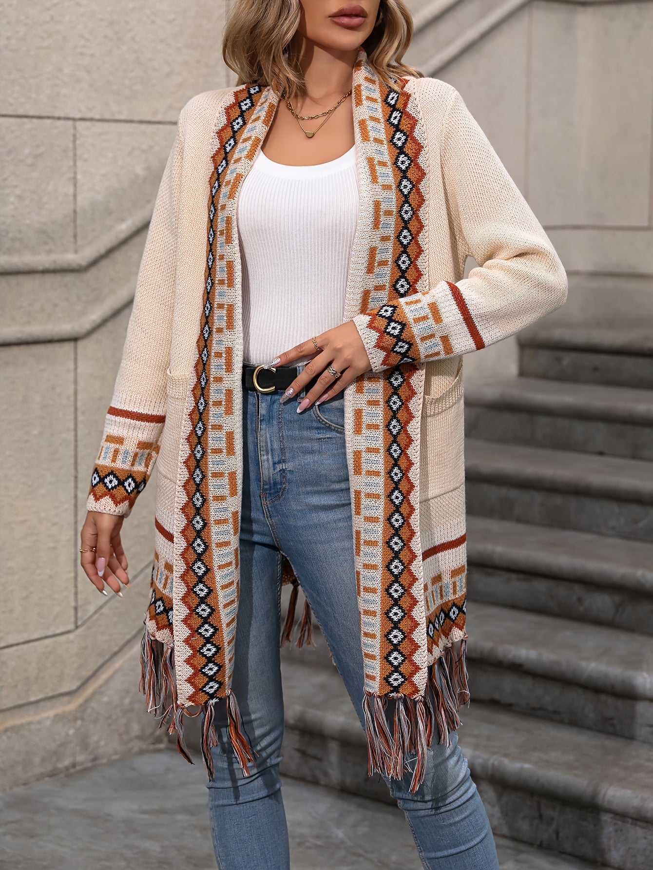 Cardigan long à motif géométrique et franges pour femme | Idéal pour l’automne et les occasions décontractées