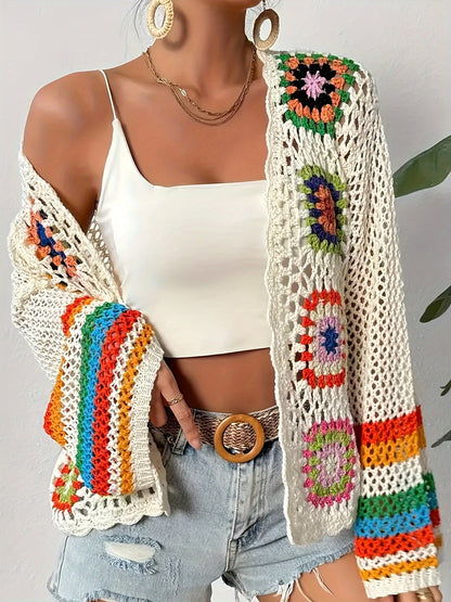 Cardigan crochet ajouré avec carrés floraux pour femme | Idéal pour l'été