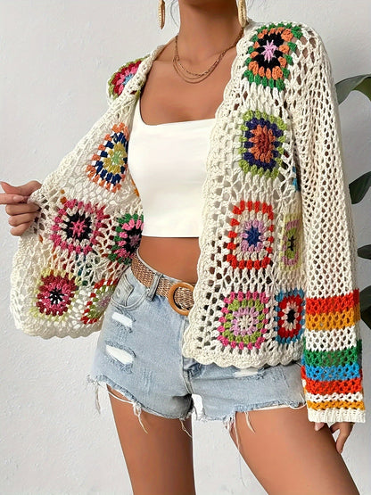 Cardigan crochet ajouré avec carrés floraux pour femme | Idéal pour l'été