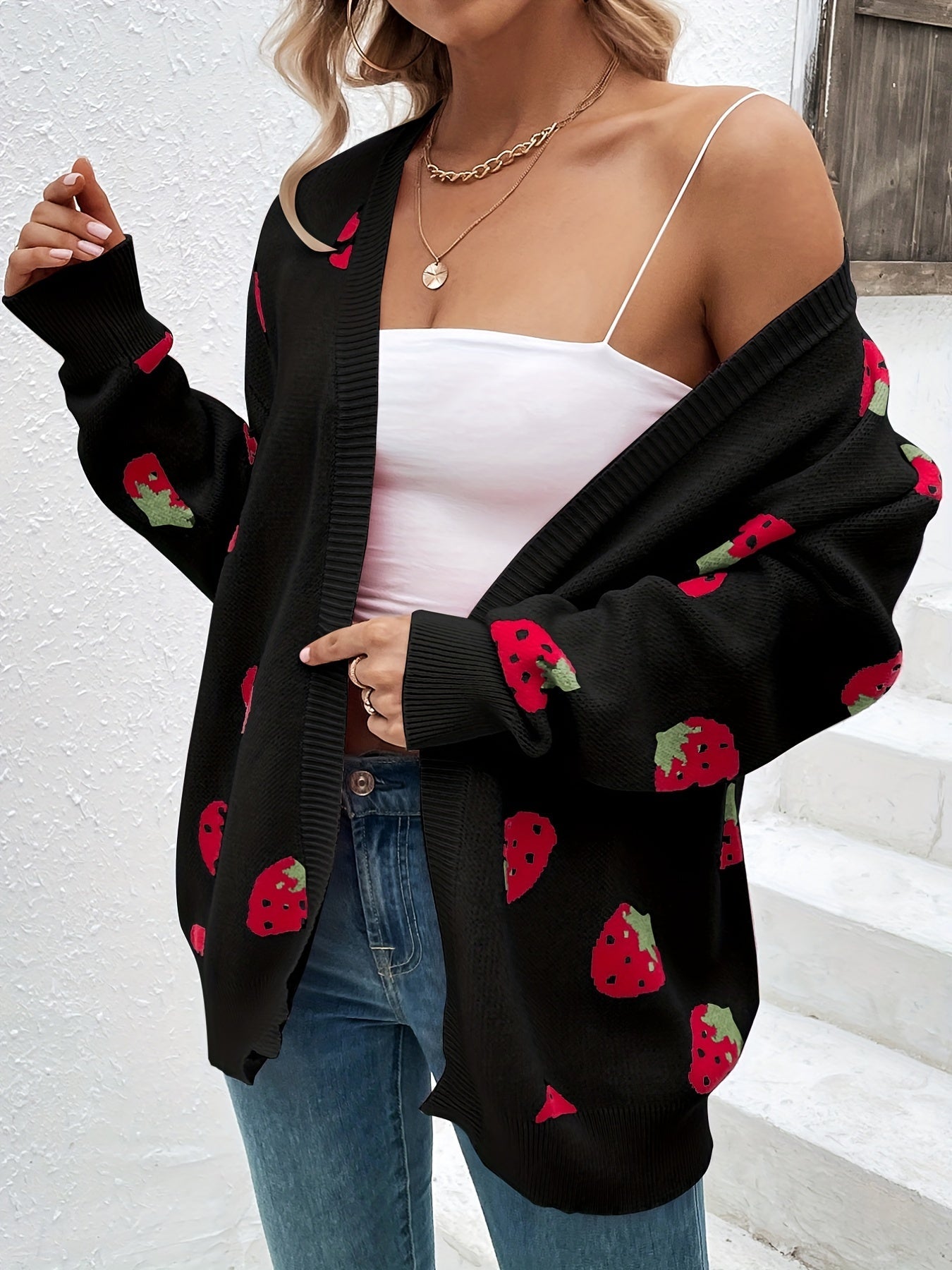 Cardigan motif fraises manches longues pour femmes