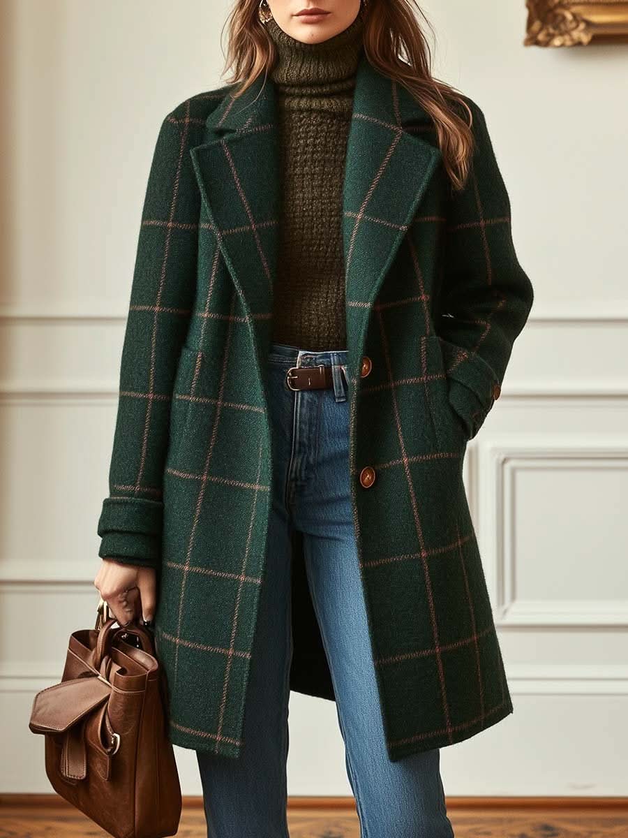 Manteau à carreaux à revers cranté pour femmes