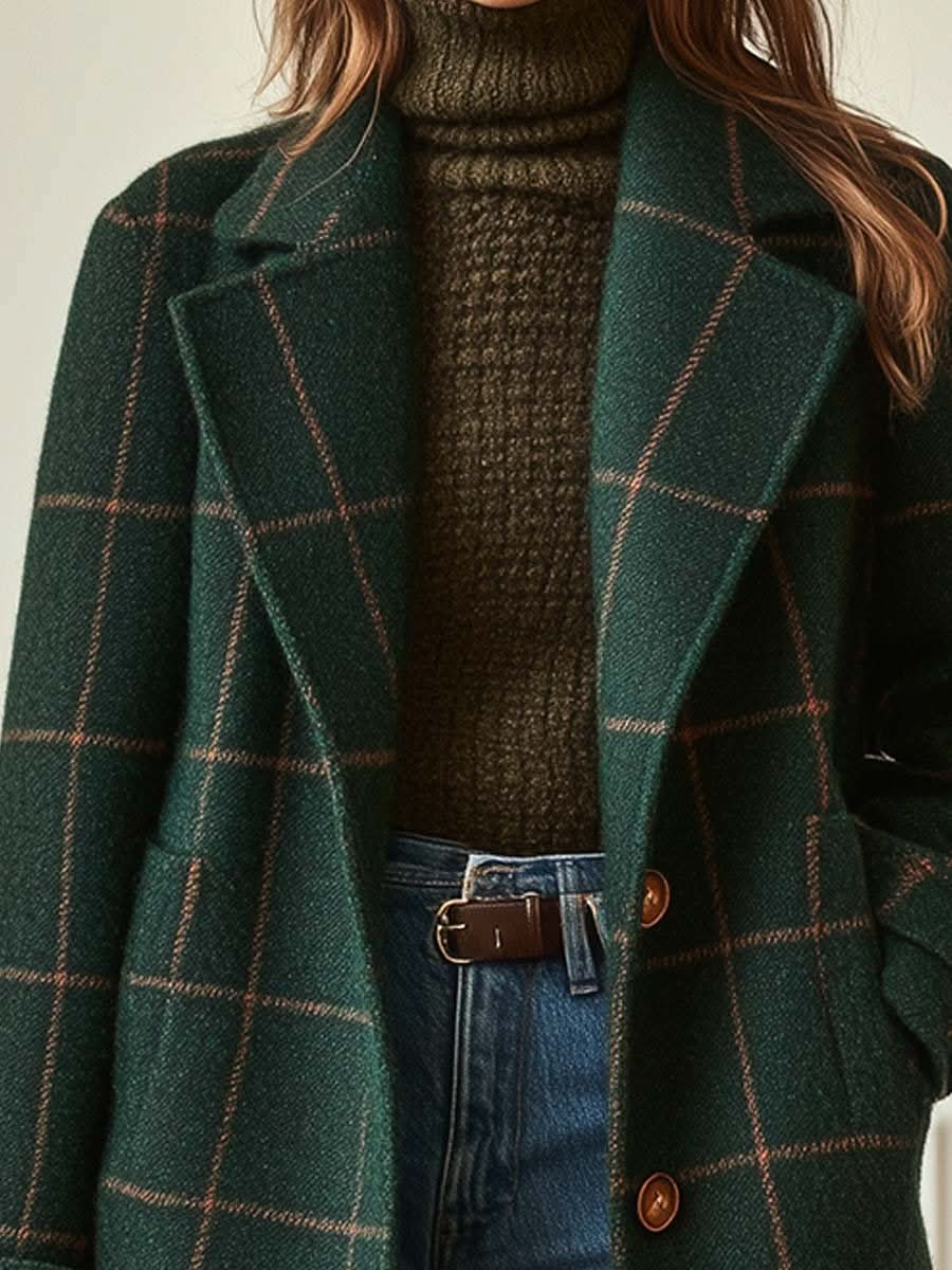 Manteau à carreaux à revers cranté pour femmes