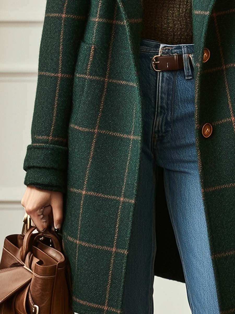 Manteau à carreaux à revers cranté pour femmes