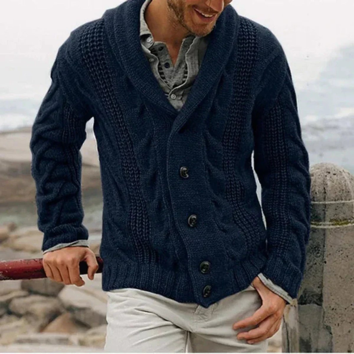 Gilet à col châle en maille torsadée pour hommes