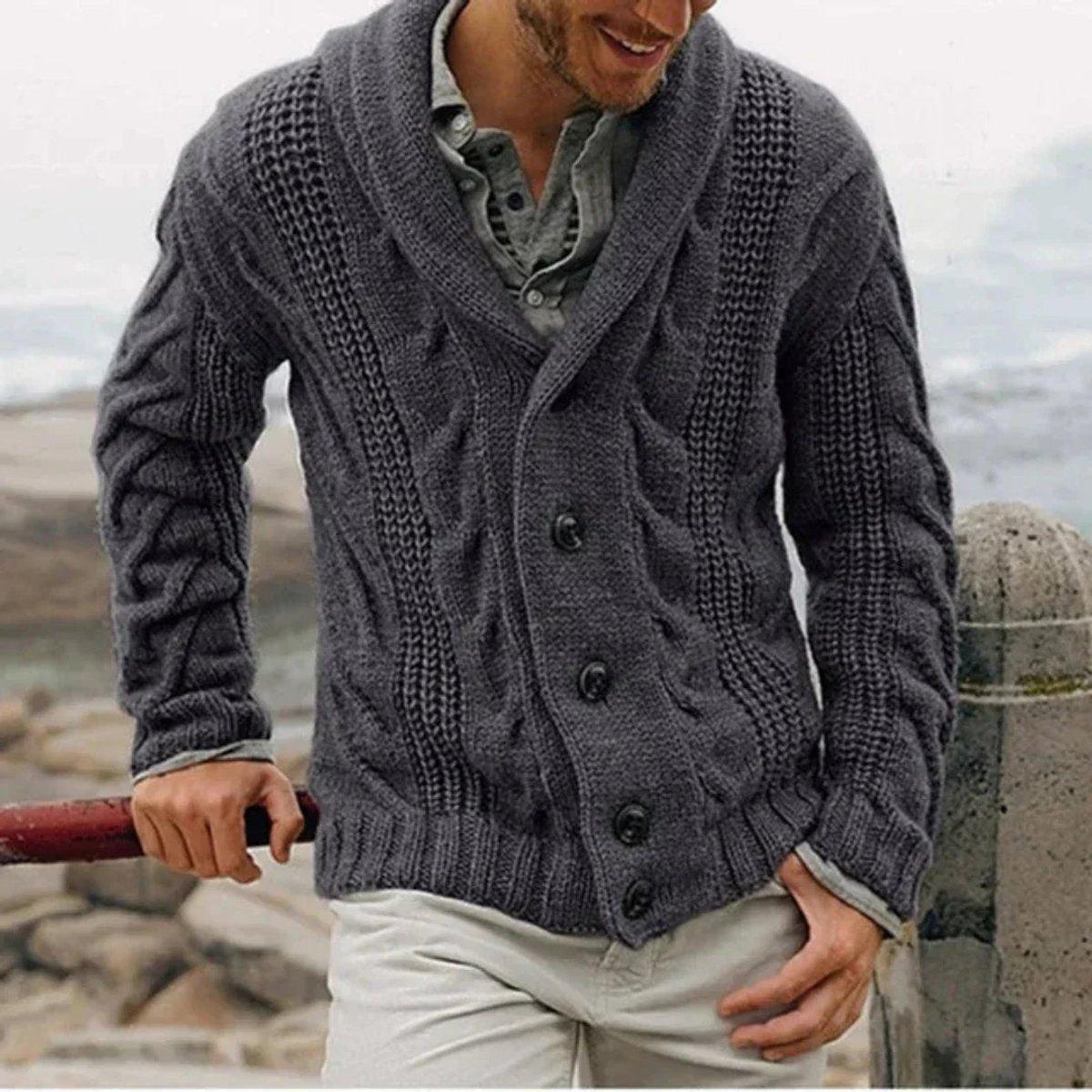 Gilet à col châle en maille torsadée pour hommes