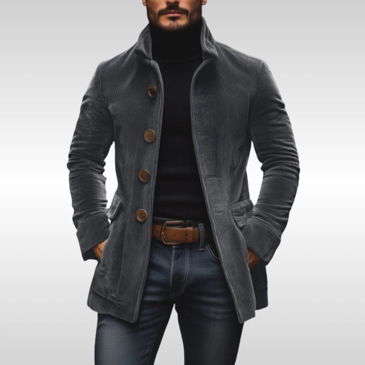 Manteau boutonné à col montant pour homme