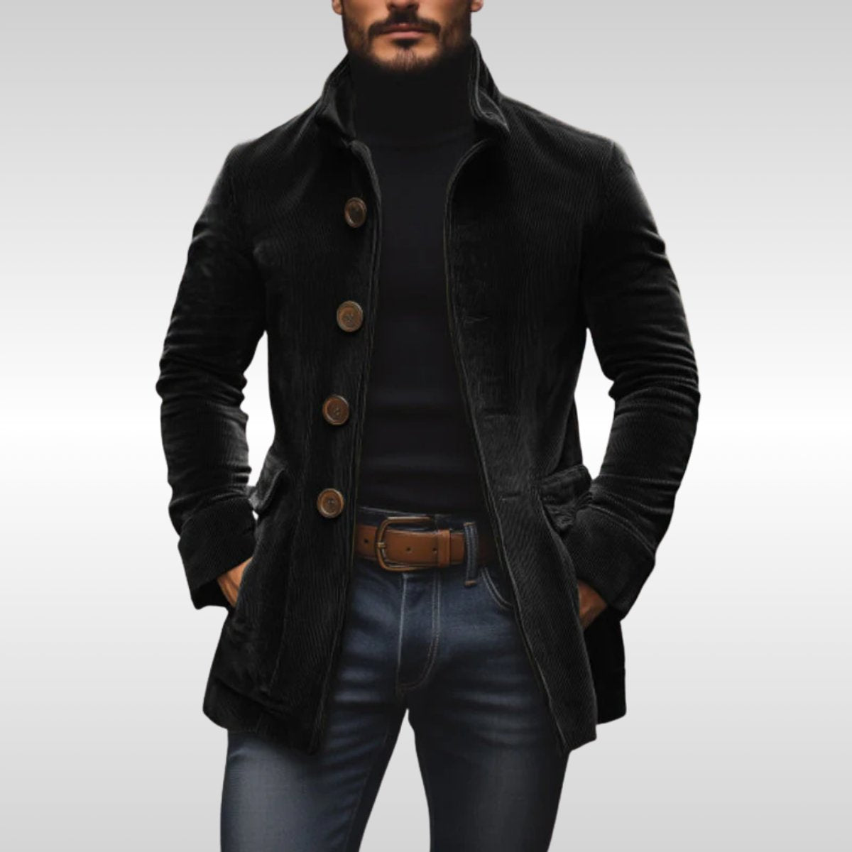 Manteau boutonné à col montant pour homme