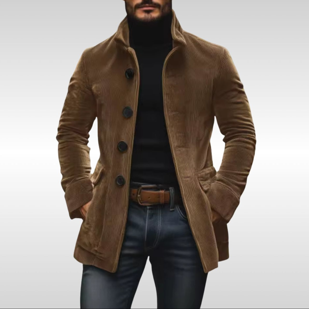 Manteau boutonné à col montant pour homme