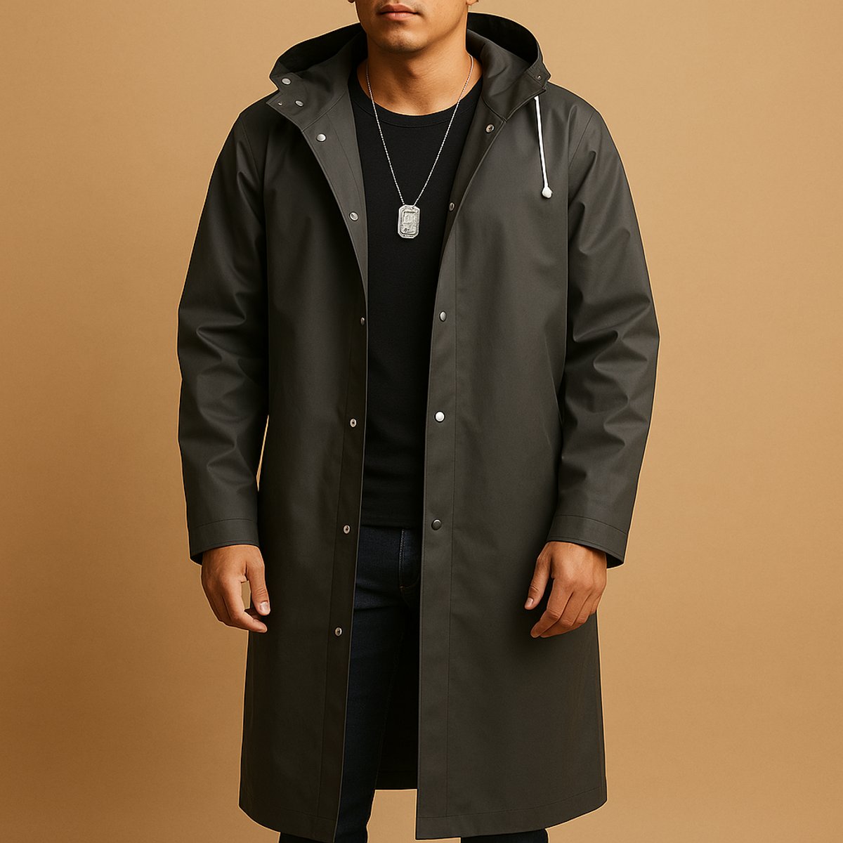 Manteau long à capuche avec fermeture à boutons-pression pour hommes | Idéal pour l’automne