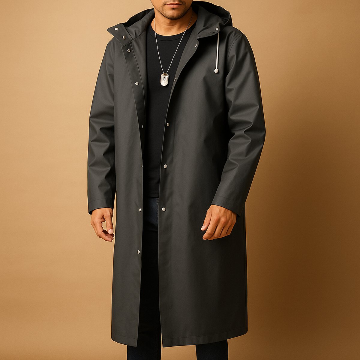 Manteau long à capuche avec fermeture à boutons-pression pour hommes | Idéal pour l’automne