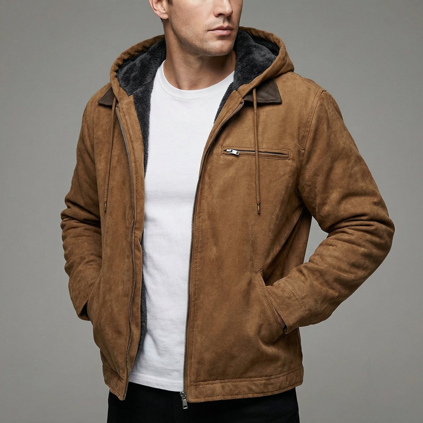 Veste À Capuche Effet Daim Avec Fermeture Éclair Pour Homme | Idéale Pour L'automne Et L'hiver