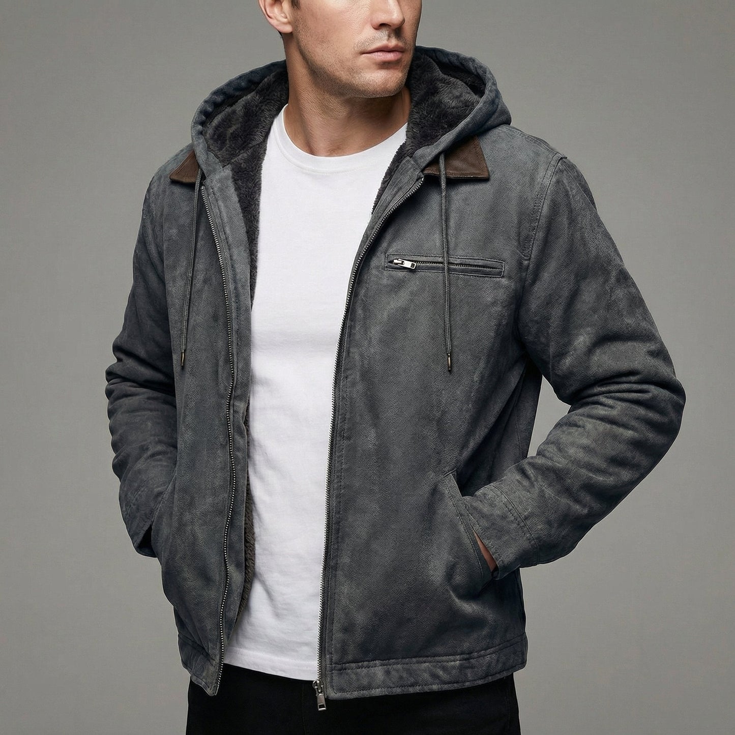 Veste À Capuche Effet Daim Avec Fermeture Éclair Pour Homme | Idéale Pour L'automne Et L'hiver