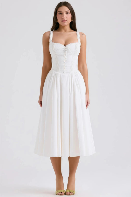 Robe Midi Blanche à Col Halter et Détail Dentelle pour Femme | Idéale pour les Sorties et Occasions Formelles
