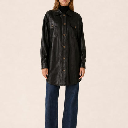 Veste chemise longue à col chemise et poches poitrine pour femme | Idéale pour l'automne