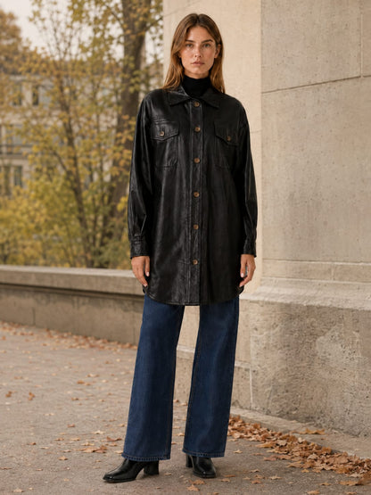 Veste chemise longue à col chemise et poches poitrine pour femme | Idéale pour l'automne