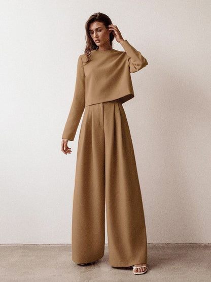 Ensemble Deux Pièces Avec Pantalon Large Plissé Et Haut Court À Manches Longues Pour Femme | Idéal Pour Journée Ou Soirée
