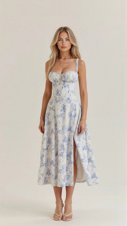 Robe Longue à Bustier Lacé avec Ourlet Fendu pour Femme | Idéale pour l'Été