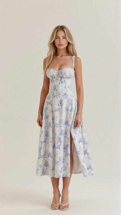Robe Midi Femme | Corset Ajusté | Jupe Évasée Fluide | Tissu Confortable