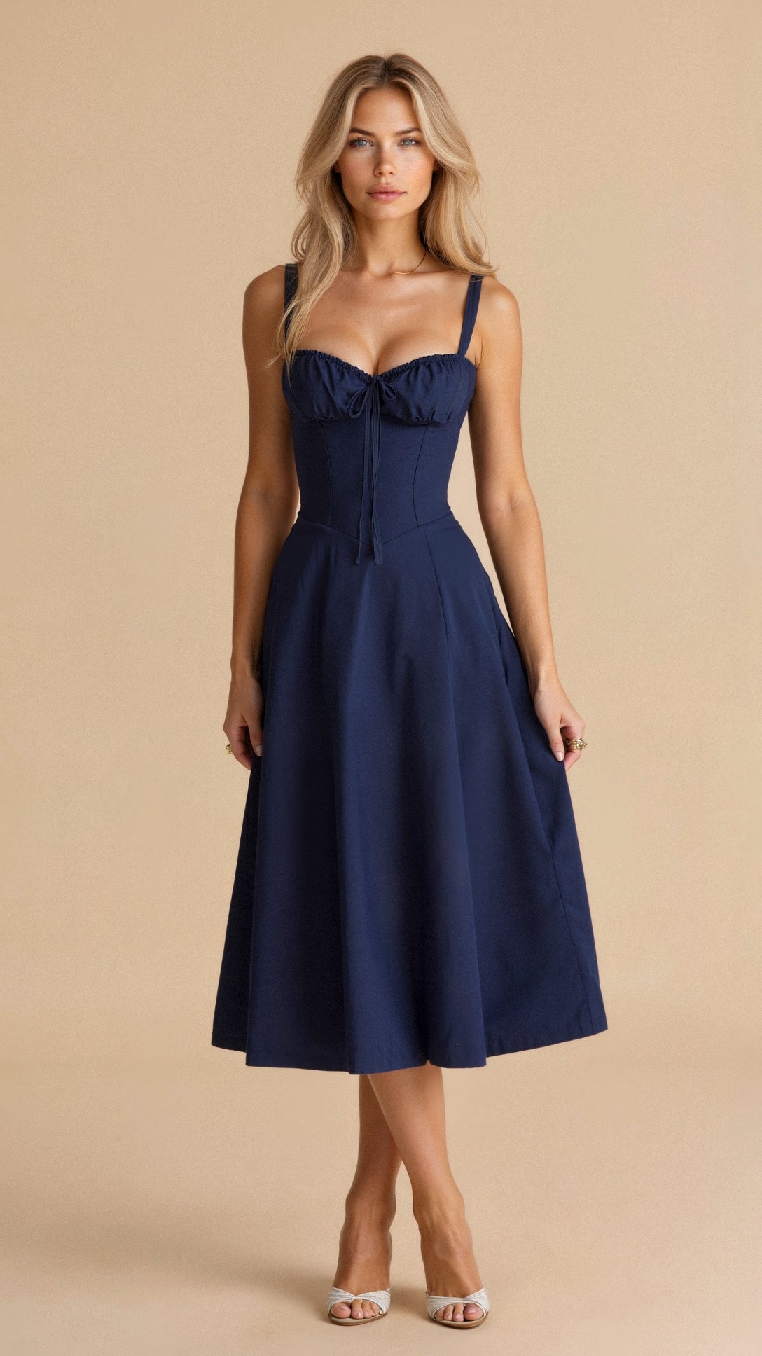 Robe Midi Femme | Corset Ajusté | Jupe Évasée Fluide | Tissu Confortable