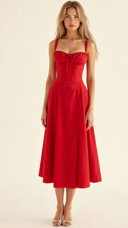Robe Midi Femme | Corset Ajusté | Jupe Évasée Fluide | Tissu Confortable