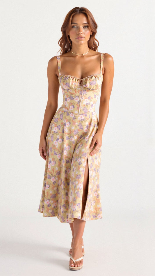 Robe Midi Florale à Corset avec Silhouette Structurée pour Femme | Idéale pour les Événements et Sorties de Saison