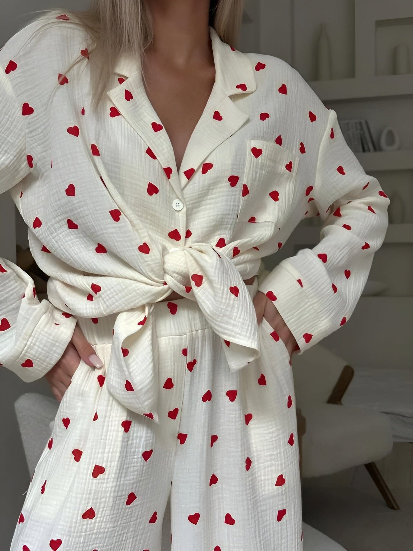 Pyjama pour Femme avec Imprimé À Cœurs | Idéal pour La Nuit Et La Détente À La Maison