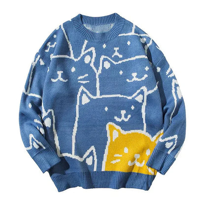 Pull En Maille Avec Motif Chat Et Coupe Ample Pour Hommes | Idéal Pour Les Journées Décontractées
