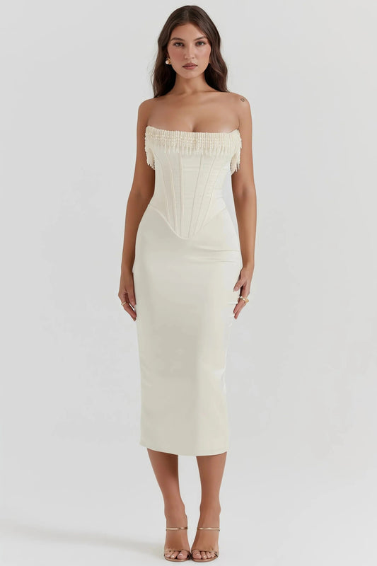 Robe Midi Sans Bretelles Couleur Crème pour Femme | Idéale pour l’Été ou les Événements