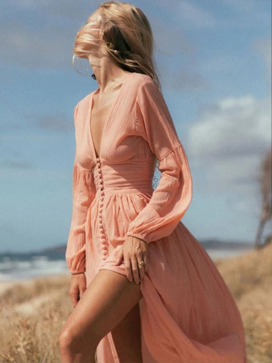 Robe à Manches Longues avec Col en V, Taille Froncée et Fente pour Femme | Idéal pour Événements et Sorties