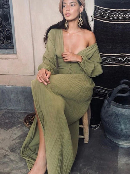 Robe à Manches Longues avec Col en V, Taille Froncée et Fente pour Femme | Idéal pour Événements et Sorties