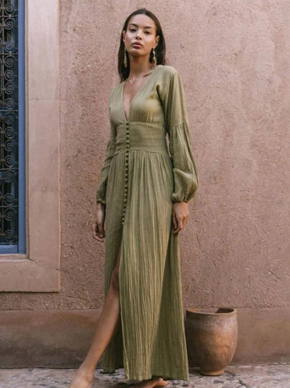 Robe à Manches Longues avec Col en V, Taille Froncée et Fente pour Femme | Idéal pour Événements et Sorties