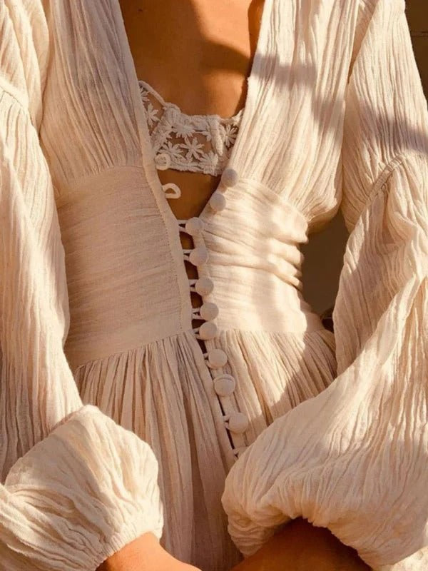 Robe à Manches Longues avec Col en V, Taille Froncée et Fente pour Femme | Idéal pour Événements et Sorties