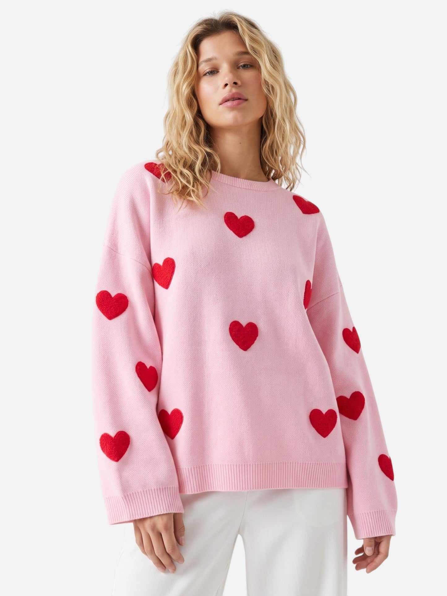 Pull à col rond et motif cœurs en relief pour femme | Idéal pour l'automne